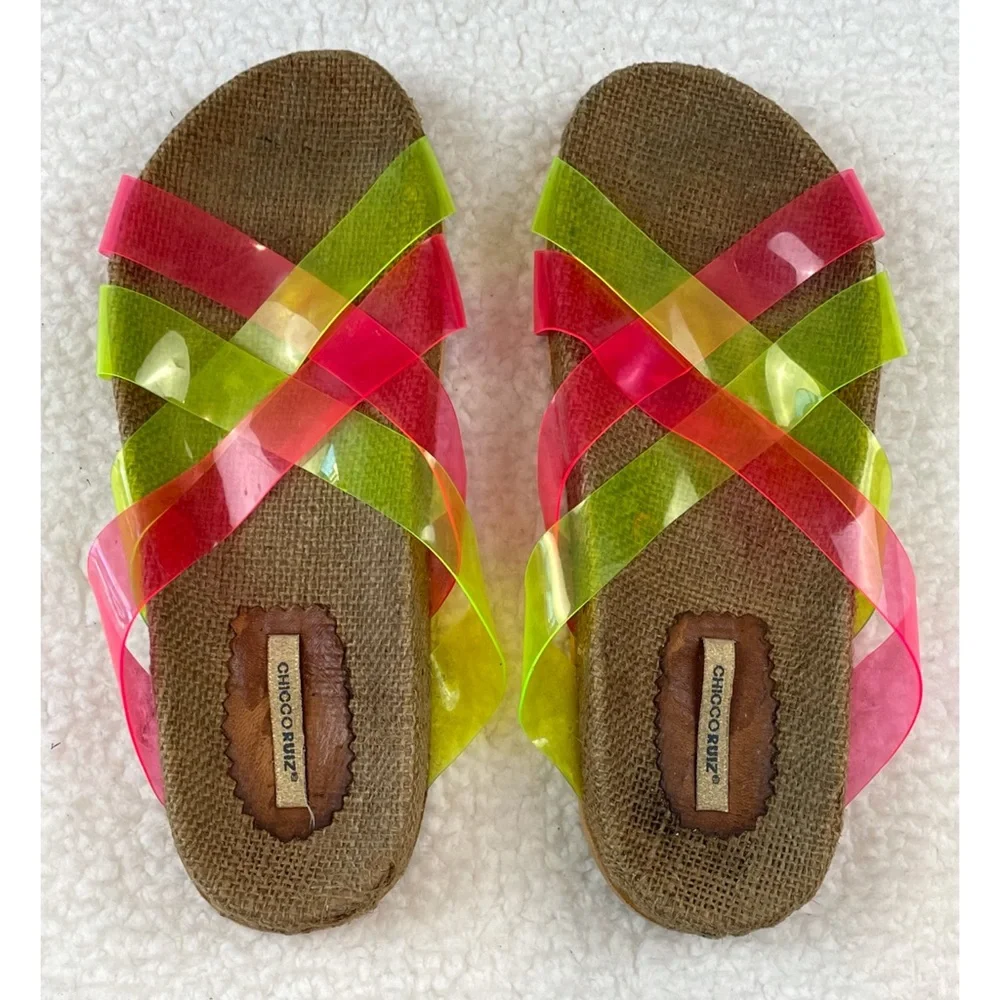 CHICCO RUIZ • Pink and Green Criss Cross Slip-On Sandals, 8.5 - Picture 6 of 16